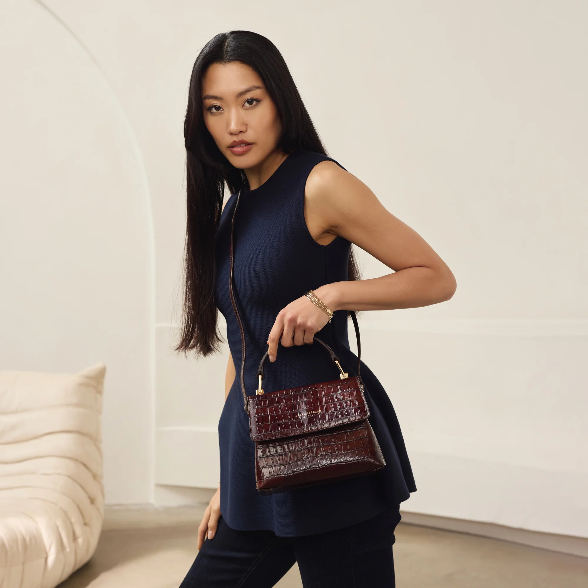 Femme Forte Heline croco brown calfskin leather handbag - Image 3