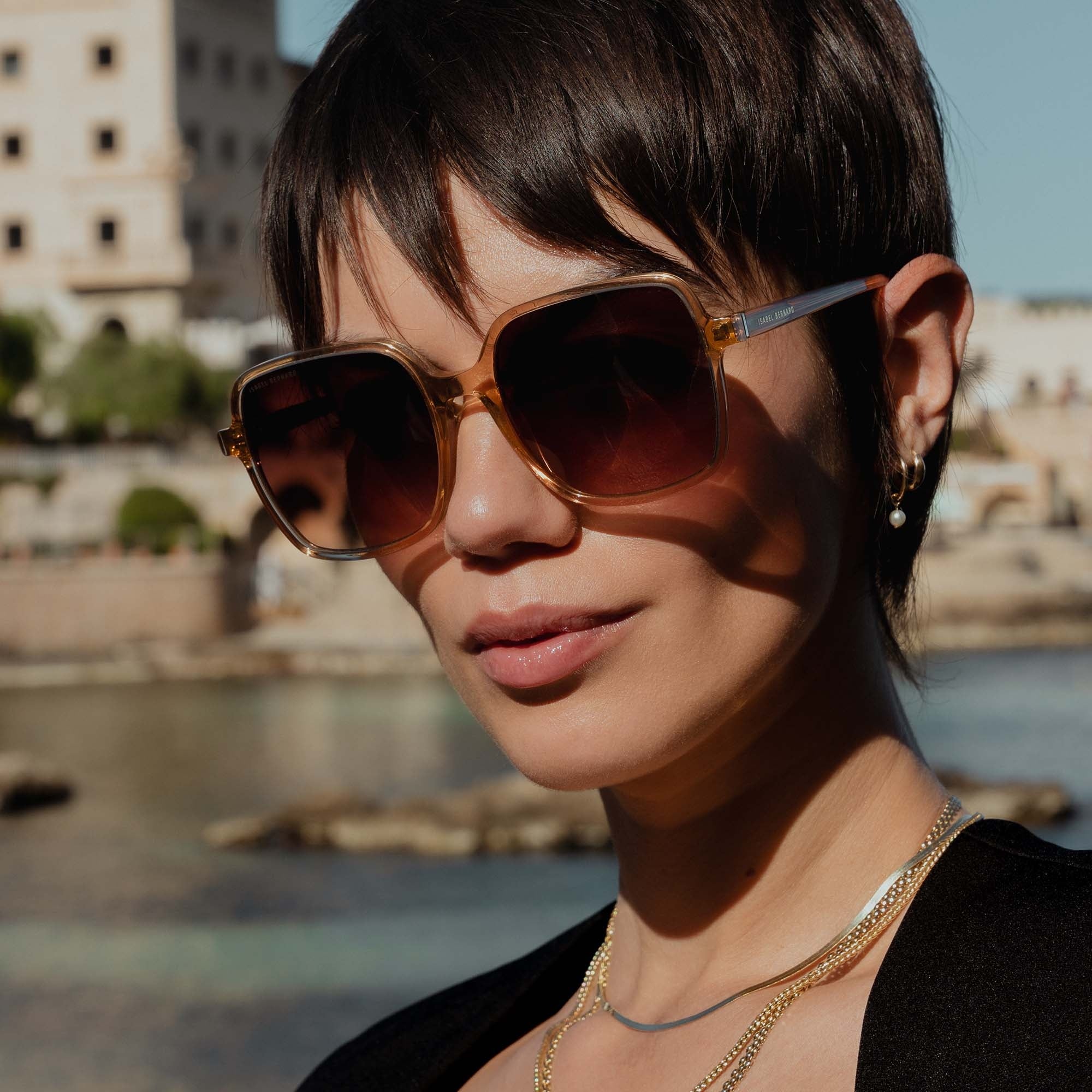 La Villette Rene transparent beige square sunglasses with brown lenses - Image 3